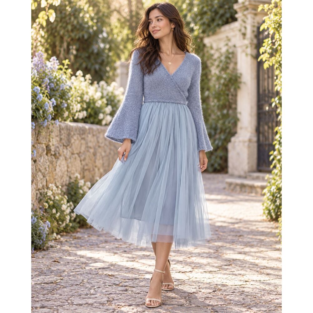 Anthropologie Maeve Layered Arabesque Dress Blue Tulle Mohair Size M
